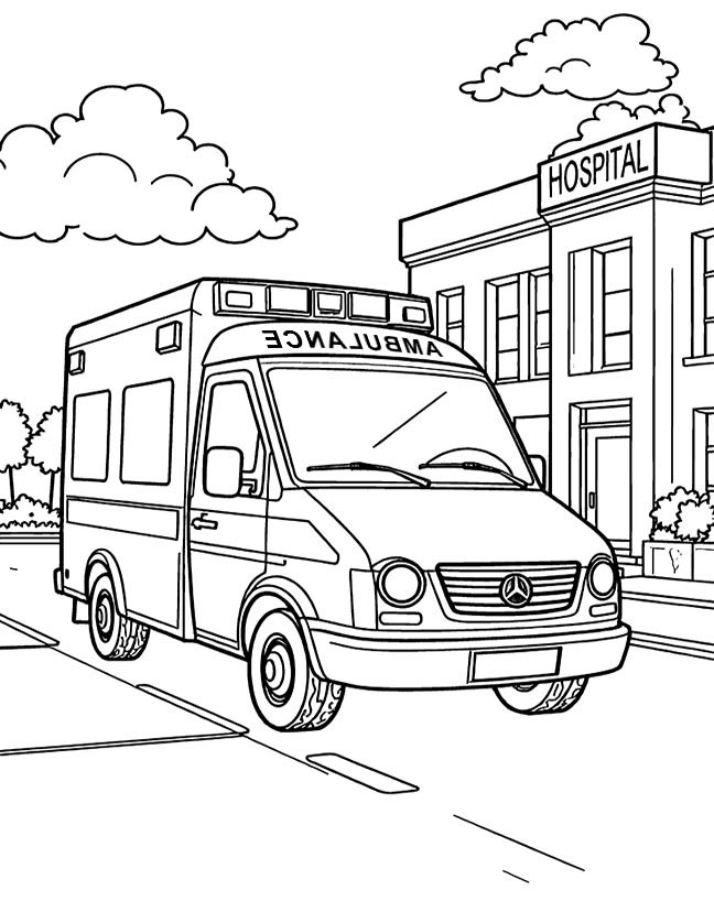 Ambulance at a hospital coloring page